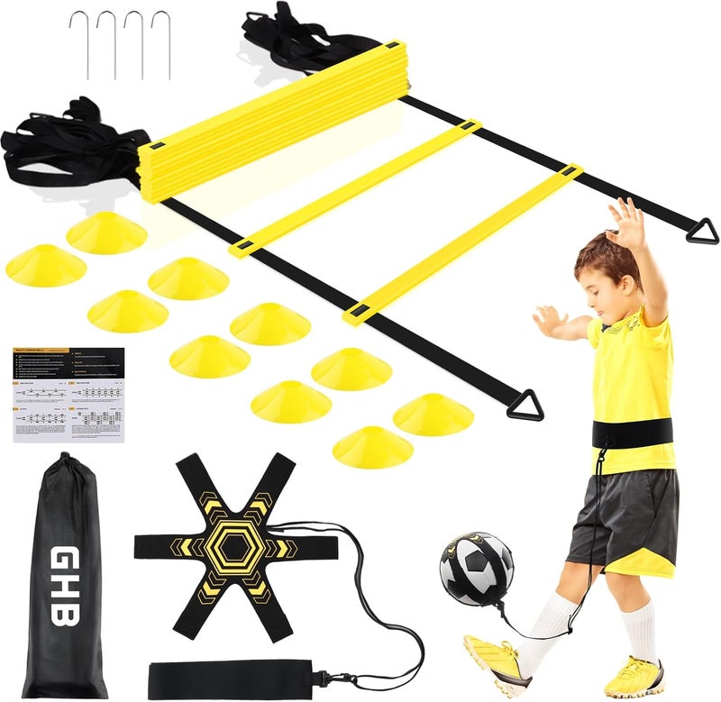 GHB Pro Agility Ladder Soccer Kick Trainer Set 20ft 12 Rung 10 Cones and 4 Stakes Speed Agility Football Training Equipment with Carrying Bag - Image 1